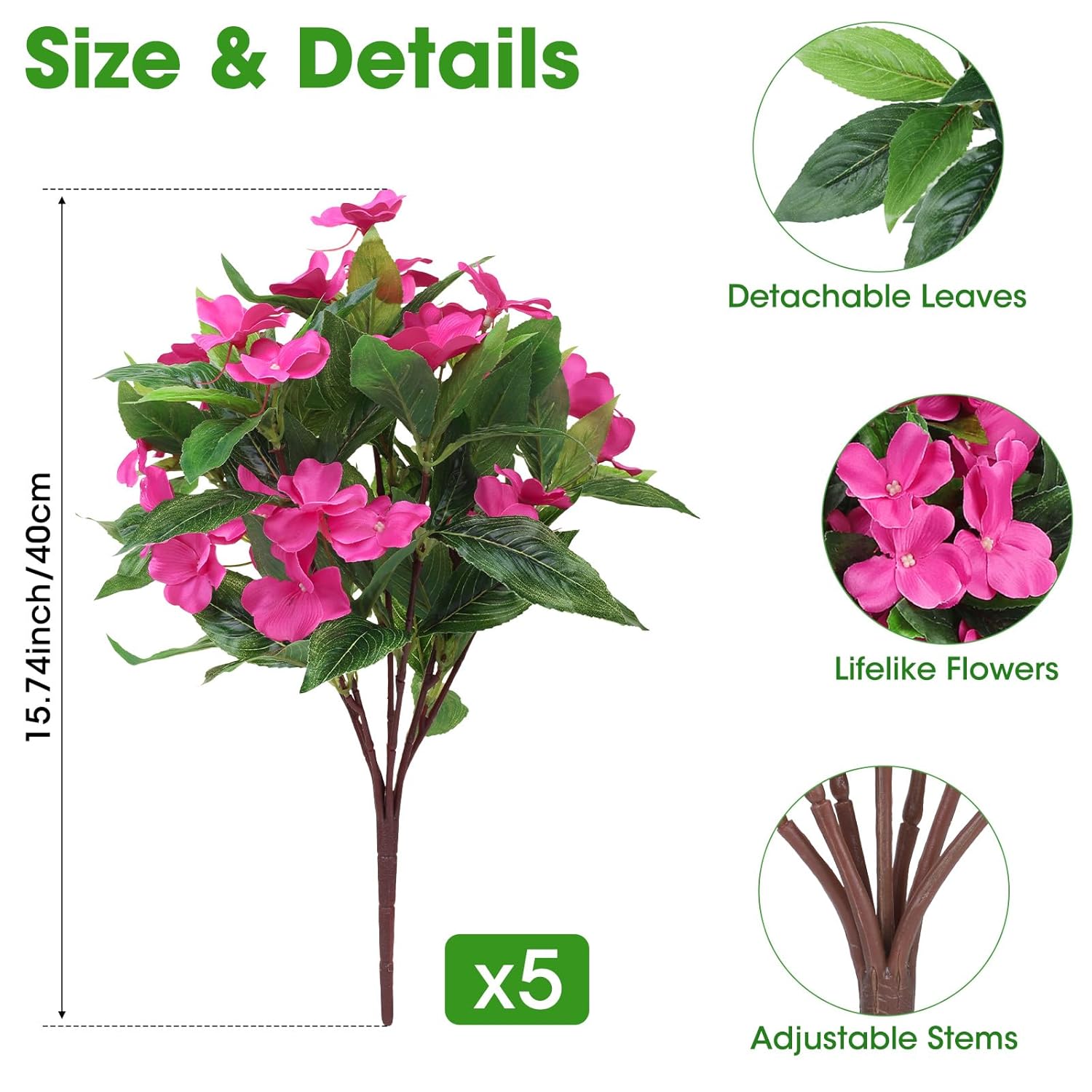 5 Pcs Artificial Flowers For Outdoors Silk Impatiens Flowers Bouquet Decorations Fake Faux Plants Uv Resistant For Spring Summer Garden Porch Patio Window Box Balcony Planters Home, Fuchsia