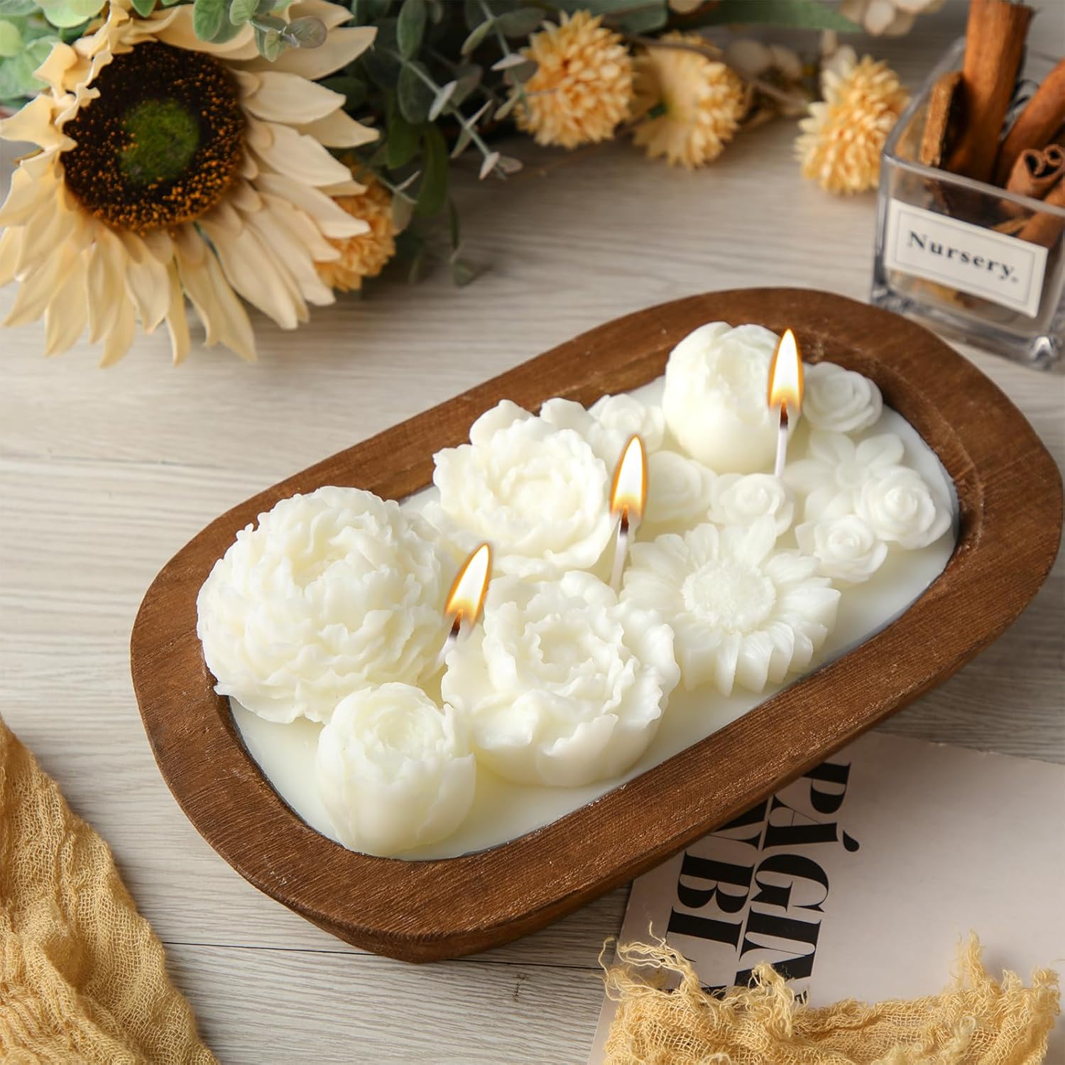Wooden Dough Bowl Candle 3 Essential 20 Ounce Natural Soy Oil Wick Candle Wax Melts Rustic Farmhouse Decor Gifts For Women And Men(Flowers)