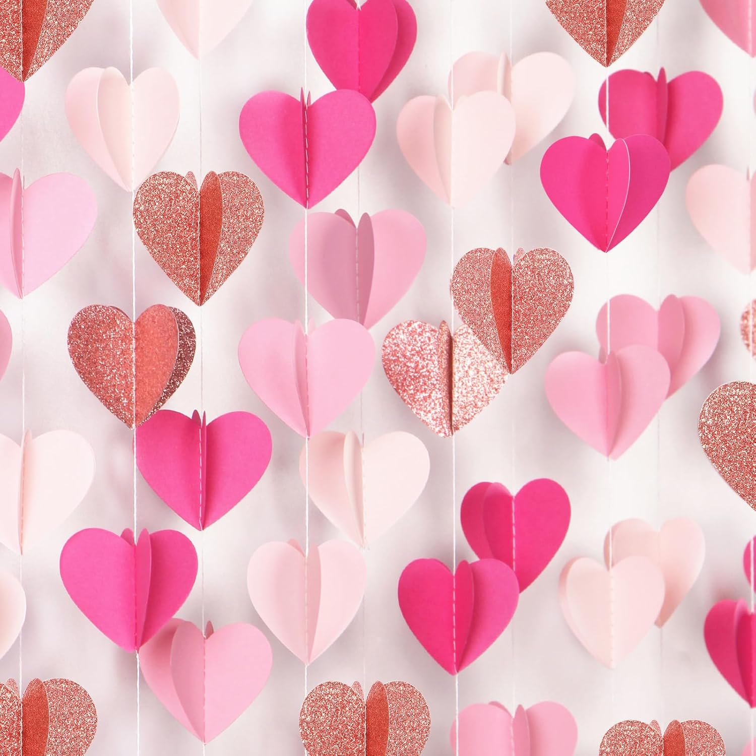 Rose-Gold Hot-Pink Party-Decorations Heart Garland - 39Ft Galentines Valentines Day 3D Wedding Bridal Shower Hanging Paper Streamers Banner,Baby Girl Birthday Bachelorette Mohters Decor