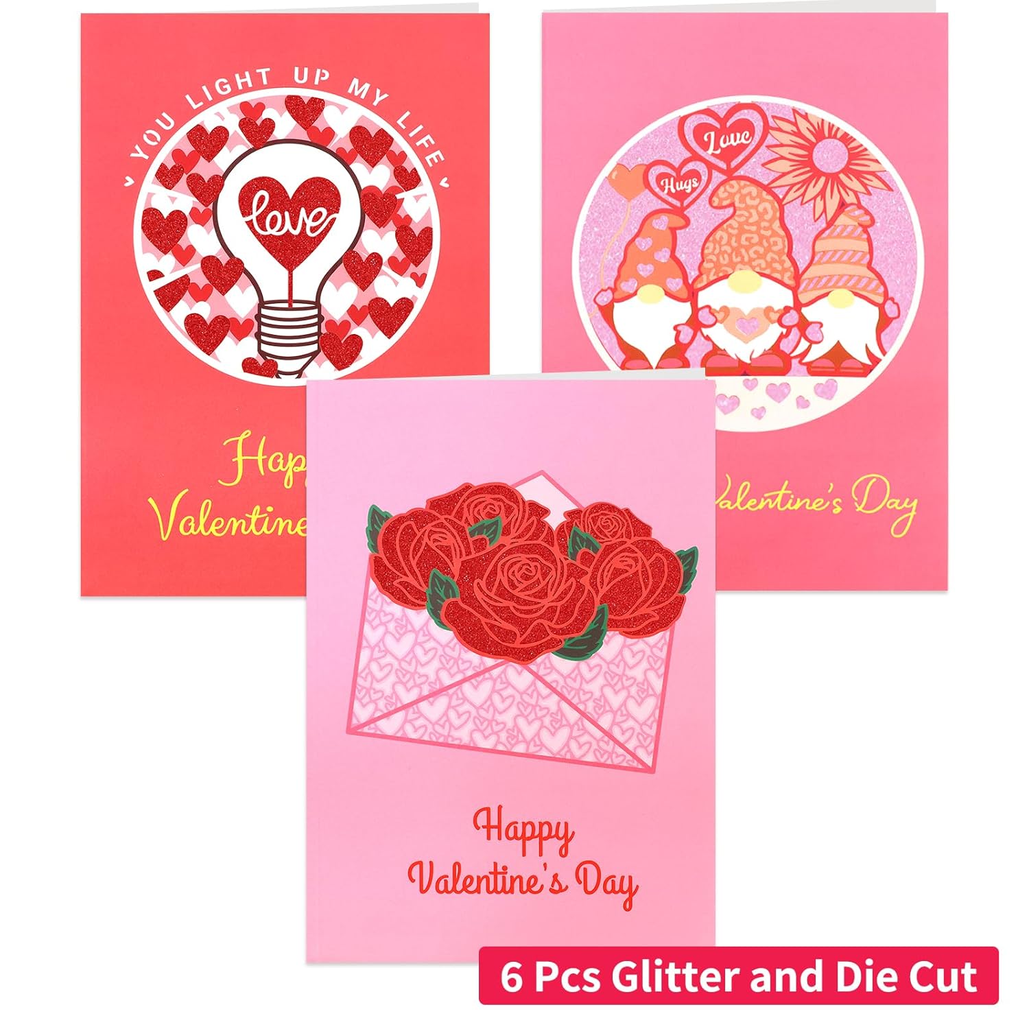 Valentines Cards For Adults Kids Happy Valentine'S Day Valentine Cards With Envelopes 12 Pcs Gold Foil Heart Love Glitter Layered Cricut Cut 4X6 Inch Blank Inside