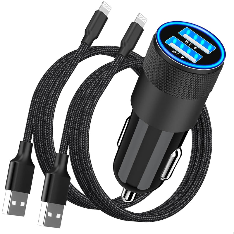 MFi Certified iPhone Fast Car Charger, Dual USB + 2-Pack Lightning Cables