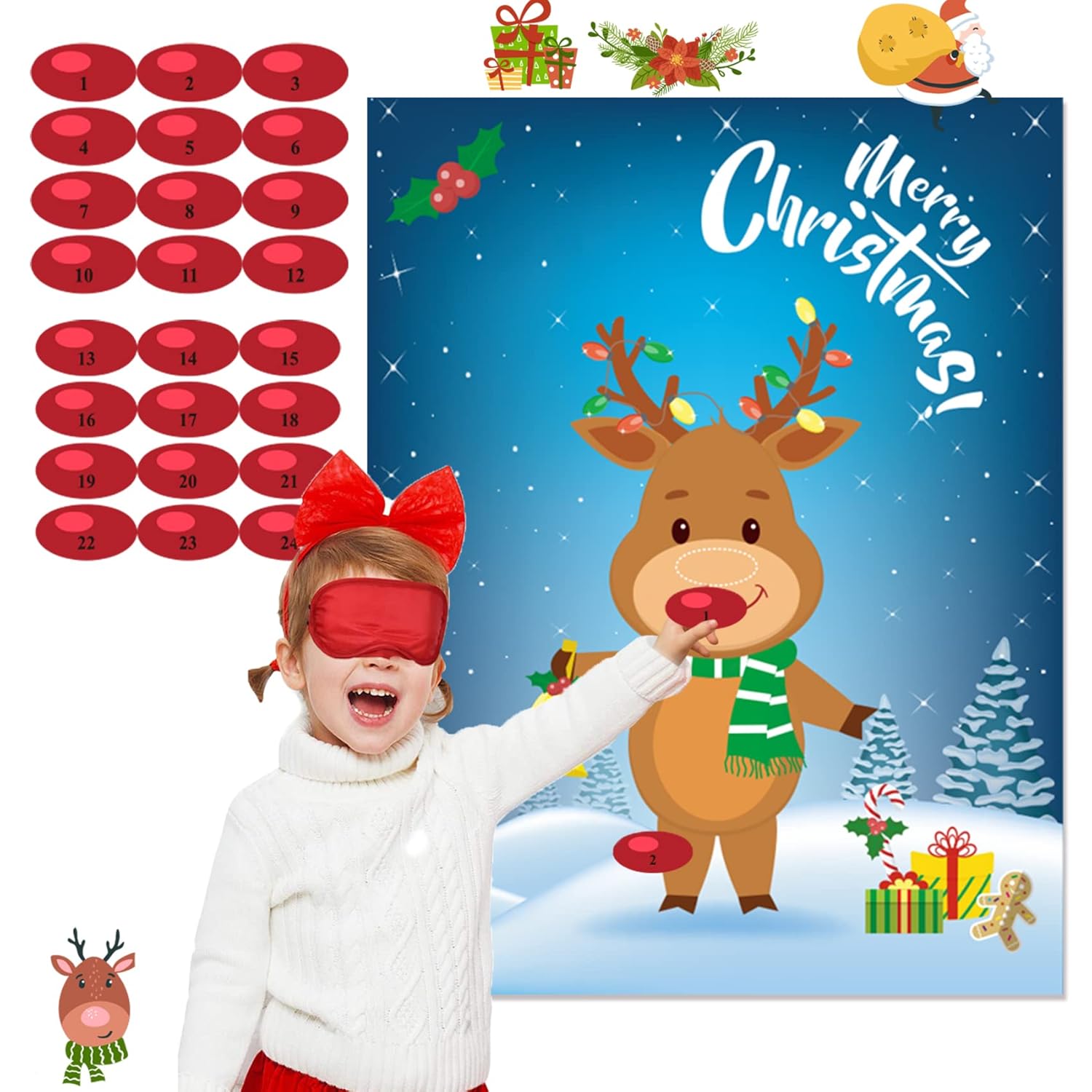 Christmas Games For Kids Pin The Nose On The Reindeer Christmas Holiday Party Games Activities Decorations Reusable 24 Noses Stickers And 1 Blindfold For Kids Adults
