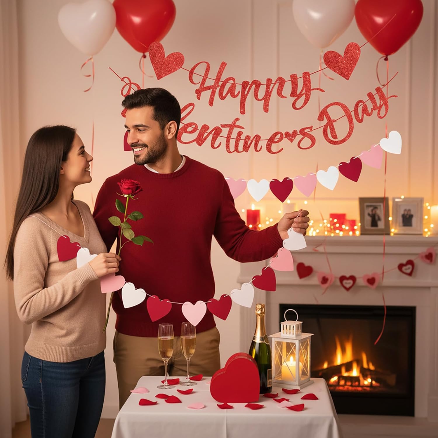 Glitter Red Happy Valentines Day Banner Red And Pink Heart Garland Banner, No Diy For Romantic Day Party Decorations
