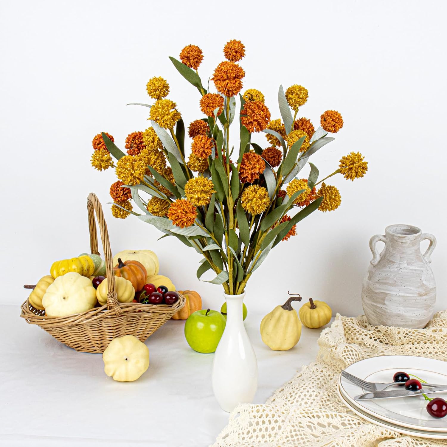 6 Pcs Artifical Fall Flowers 17 Inches Fall Floral Picks Faux Autumn Branches With Craspedia Billy Balls Flowers For Vase Table Centerpieces Living Room Indoors Decor (Orange And Yellow)