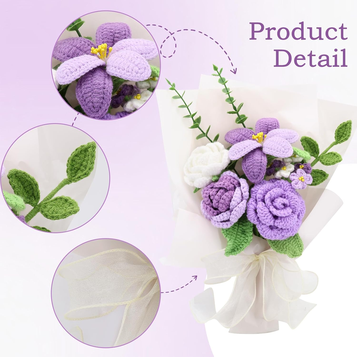 Handmade Crochet Sunflowers Rose Daisy As A Gift For Lover, Family,Friends. Crochet Bouquet, Crocheted Yarn Flowers, Artificial Flower Finished Bouquet (Purple)