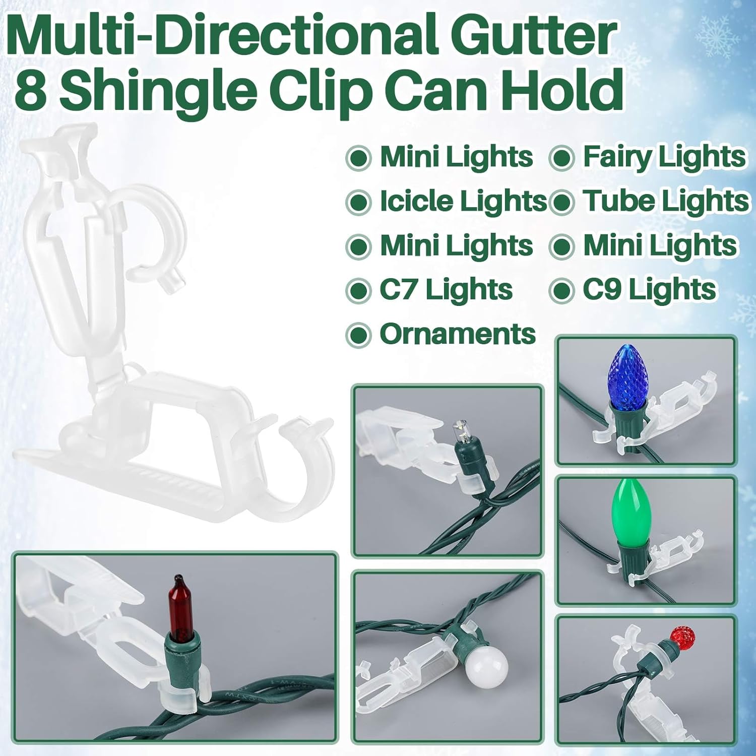 100 Pcs Christmas Multi-Directional Gutter Light Clips Plastic Shingle Roof Clips With Four Locking Positions Fits C7 C9, Icicle, Rope Miniature String Light For Christmas Outdoor Decor