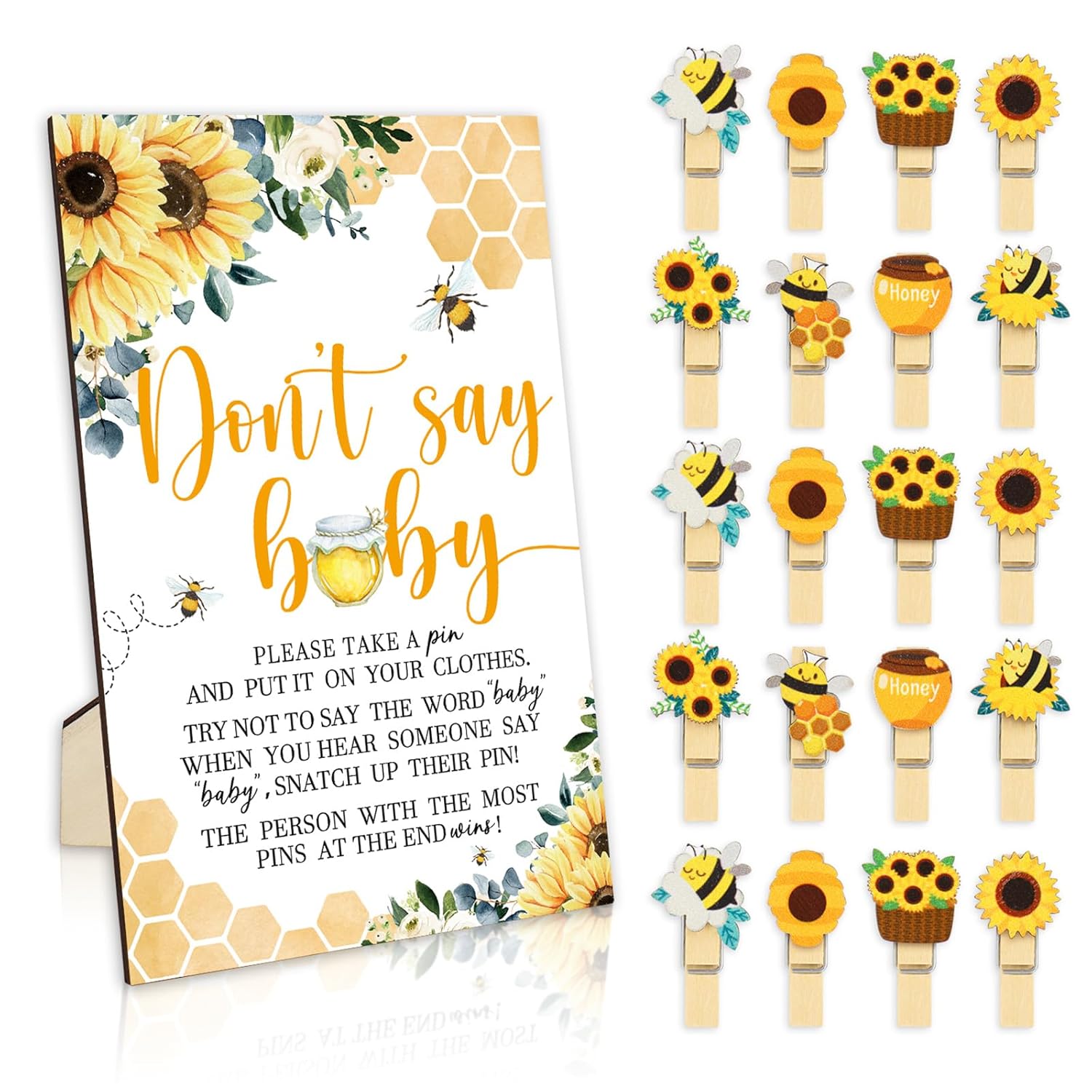 51Pcs Don'T Say Baby Shower Game Favor Yellow Bee Sunflower Wooden Sign With 50 Cute Clothespin For Summer Gender Reveal Party Supplies