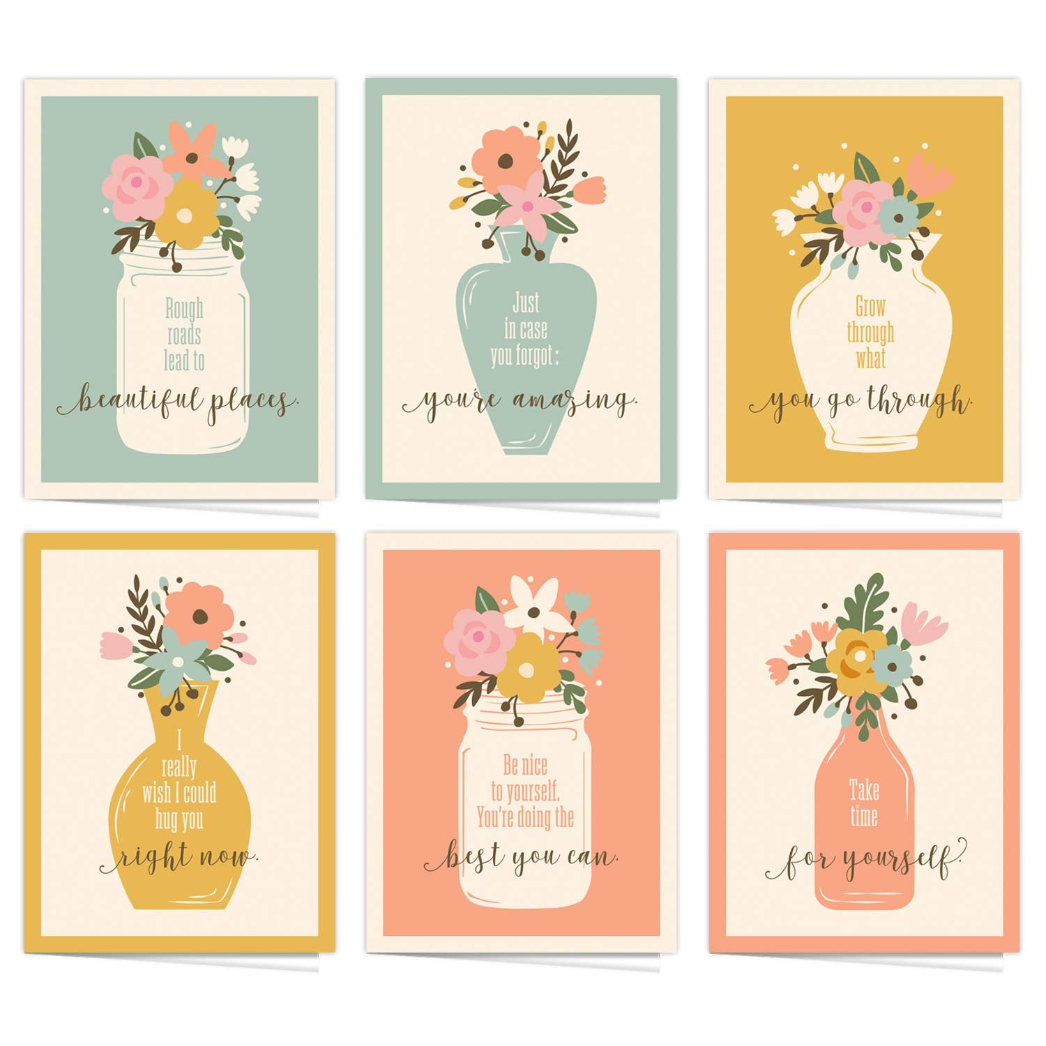 Wildflower Encouraging Greeting Cards / 12 Inspirational Flower Vase Note Cards / 5" X 7" Card With White Envelopes / 6 Unique Floral Motivational Designs/Made In The Usa