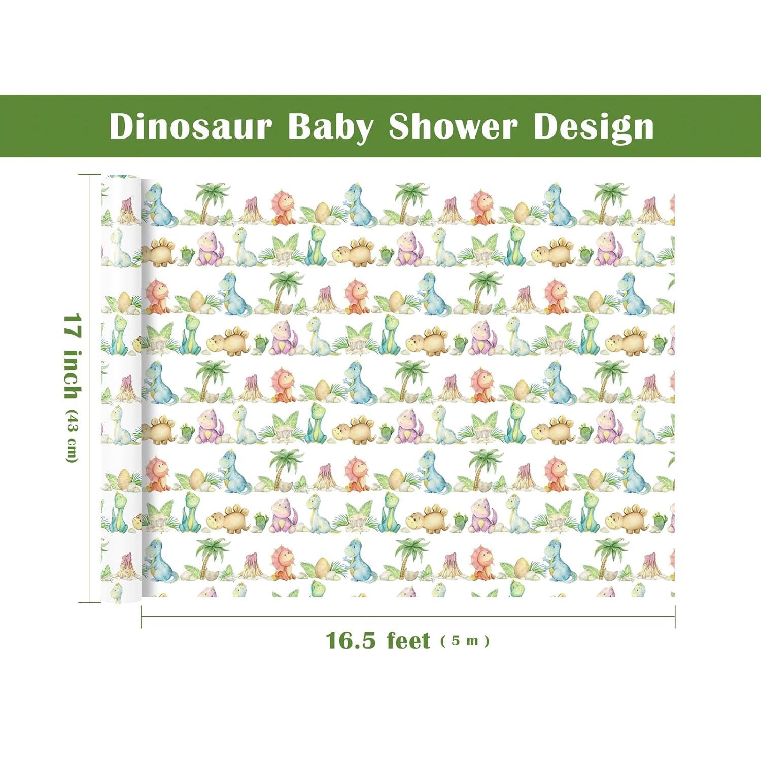 Dinosaur Baby Shower Wrapping Paper - Mini Roll - 17 Inch X 16.5 Feet - Watercolor Dinosaur Wrapping Paper For Baby Shower, Boys Birthday, Baptism Gift Wrap