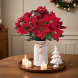 Artificial Red Poinsettia Christmas Flower Arrangement In White Ceramic Vase, Xmas Holiday Faux Floral Centerpiece Ornaments For Home, Office, Table, Shelf, Or Gift Décor