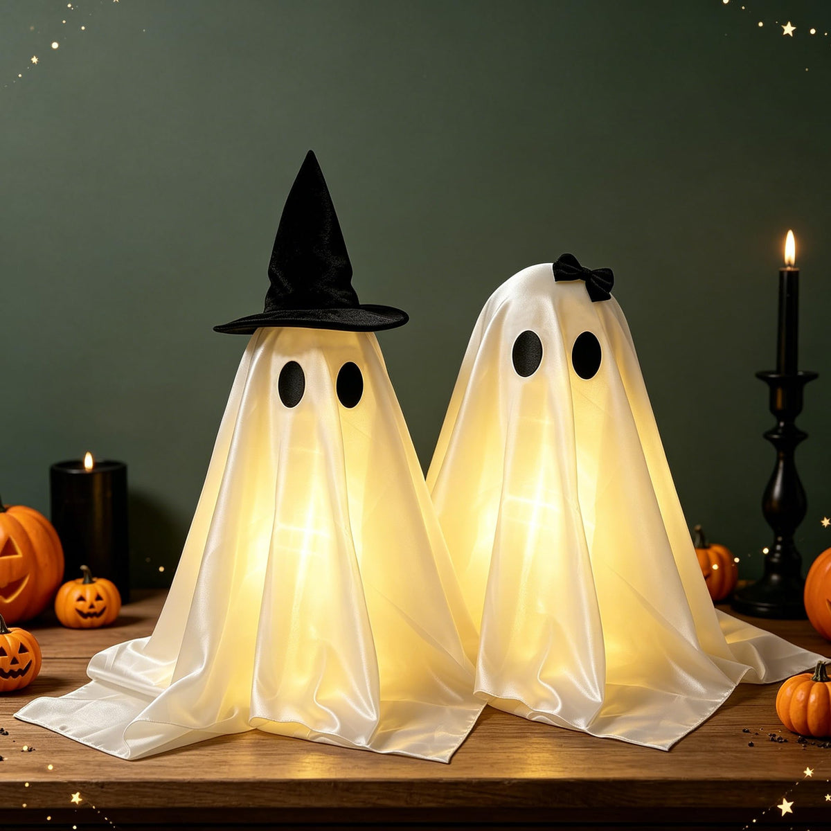 Halloween Decorations Indoor, 25.9 Inch Light Up Ghost Decorations Set of 2 with Timer, DIY Spooky Crafts Kit for Mantel Shelf Tabletop, White Ghosts for Home Party