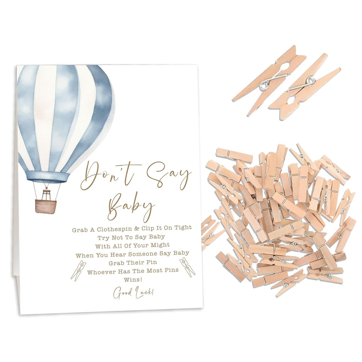 Travel Baby Shower Games, Don'T Say Baby Game For Baby Shower (One Sign With 50 Mini Clothespins), Blue Hot Air Balloon Theme Baby Shower Decorations, Gender Reveal Game-Dsbb25