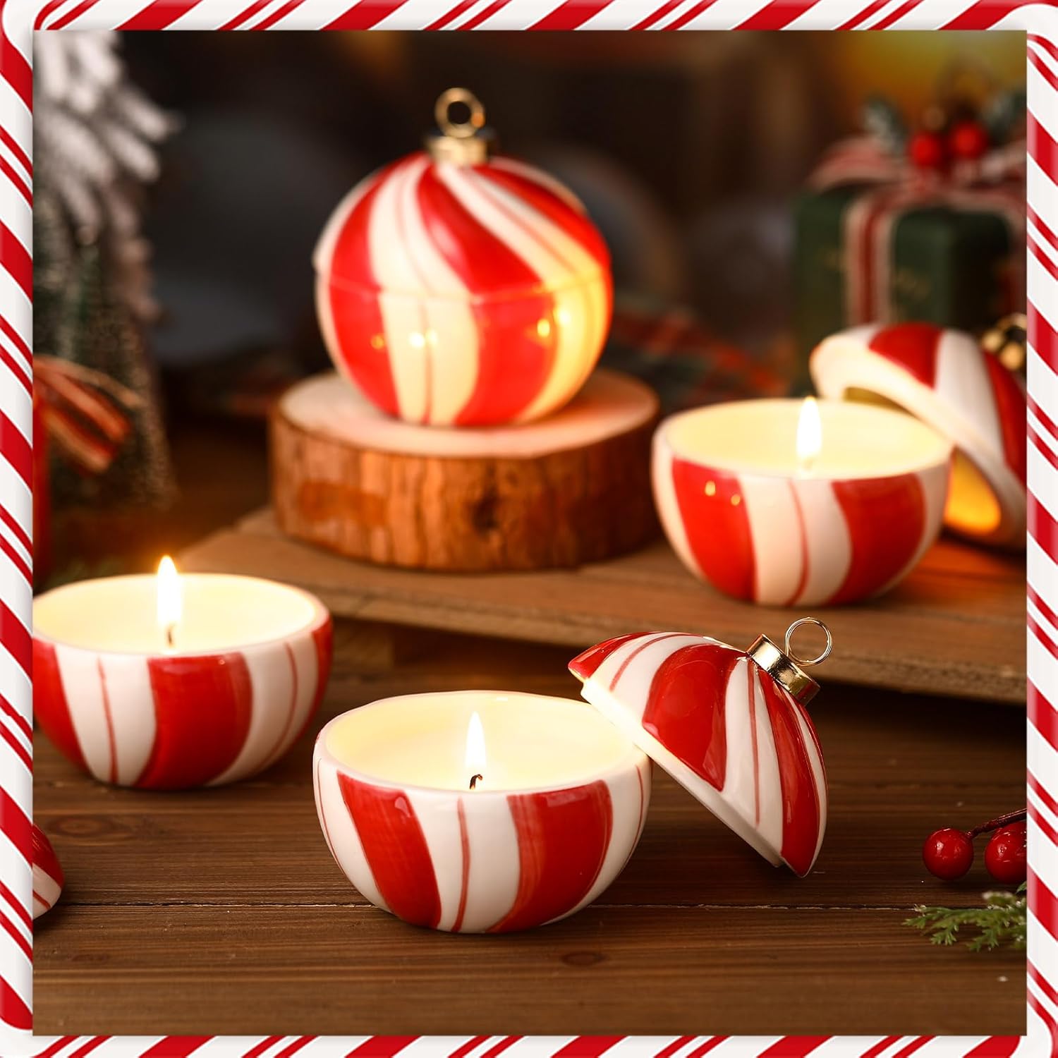 4 Pcs Christmas Candy Cane Stripe Candles 3.5" Unscented Red And White Stripe Christmas Candle With Ceramic Jar Xmas Table Decorations For Winter Home Party Supplies Gift, Burning 10-13 Hour