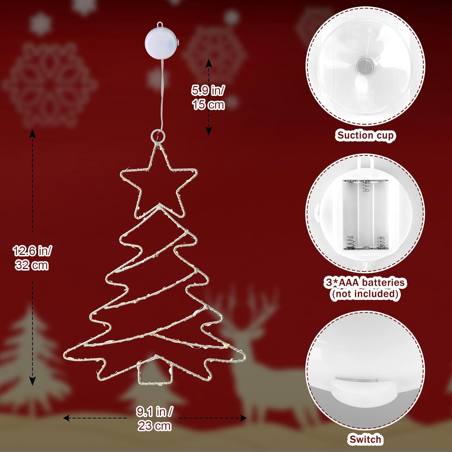 2Pcs Christmas Window Lights, Battery Powered Christmas Tree Lights Metal Framed Hanging Christmas Window Decorations Wi