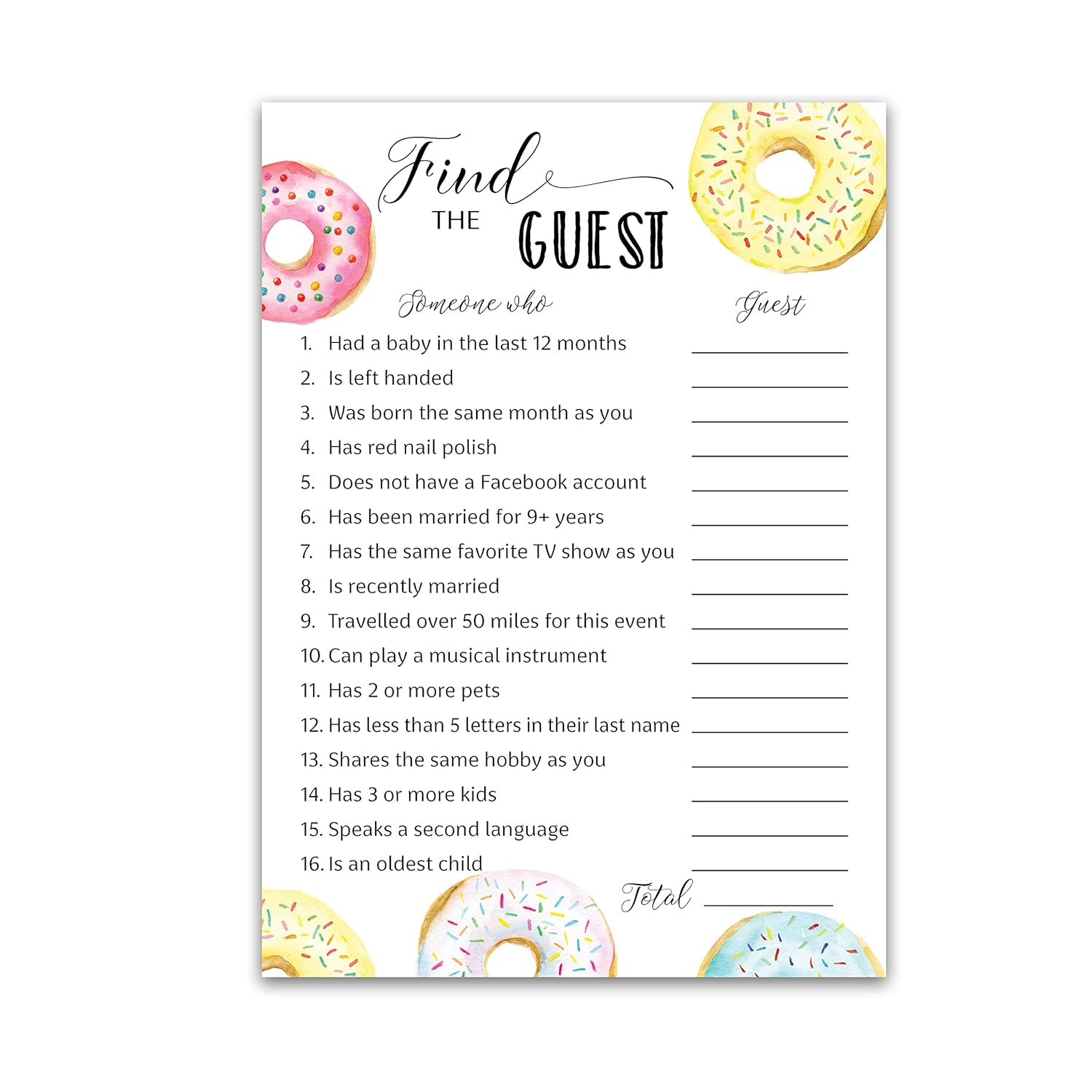 Donut Theme Baby Shower Games— Find The Guest Game — Pack Of 25 — Doughnut Baby Shower Activity, Icebreaker Party Games, Donut Guess Who Came To The Party, Couples Shower, Pink Blue Baby Sprinkle G850-Ftg