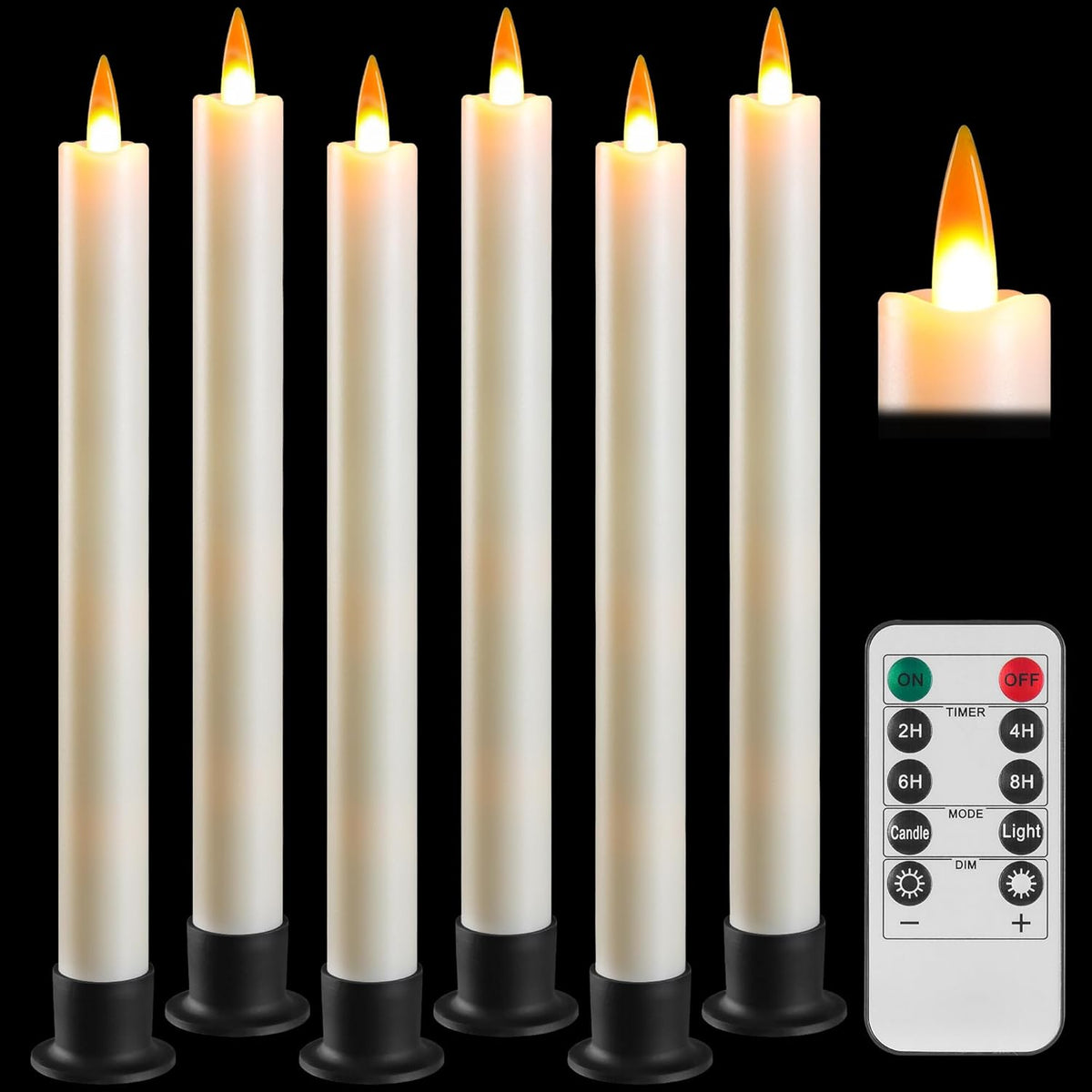 6 Flameless Window Candles With Remote Controller & Timer, Led Cone Stick Candle, Free 6 Black Bases, 9.6 Inch Battery Powered Christmas Candles For Home, Party, Holidays, Christmas Decoration