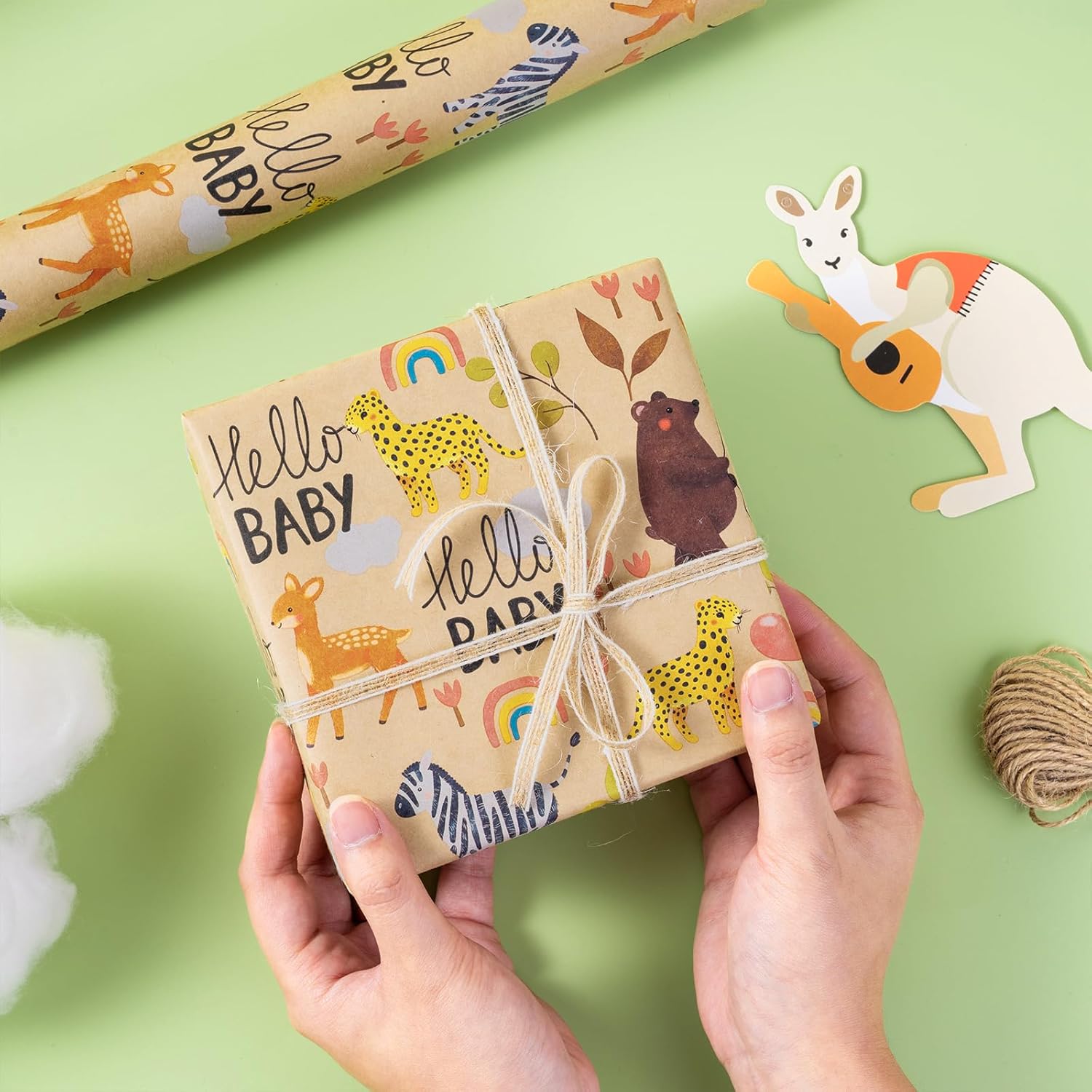 Baby Shower Wrapping Paper Roll - 17 Inches X 16.4 Feet - Cute Animal Design On Kraft Paper - Ideal For Baby Boy Or Neutral Gift Wrapping, Kids' Birthday Party And Baby Shower
