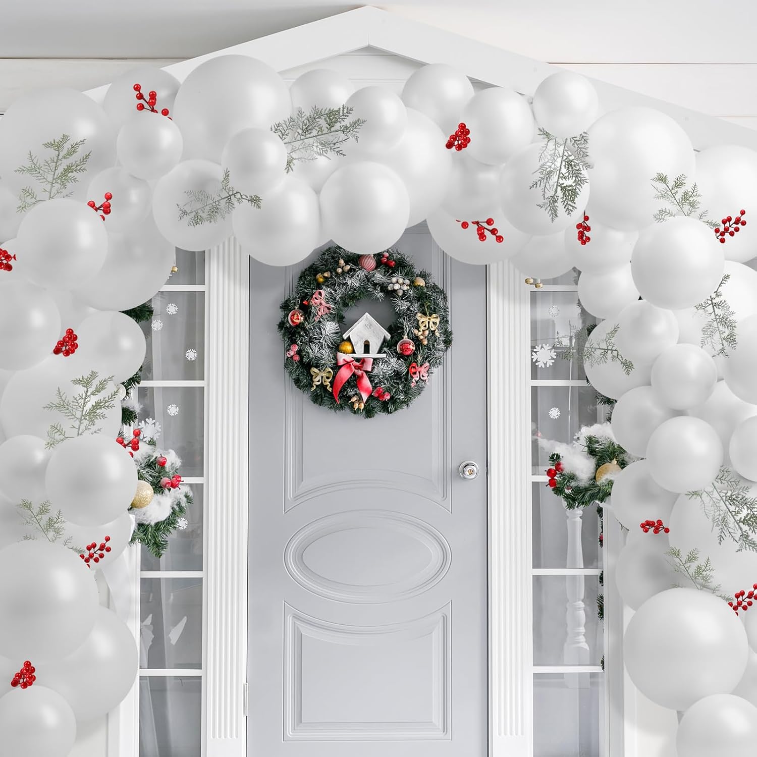 135 Pcs Christmas Balloon Garland Arch Kit White Balloons With Artificial Snowy Pine Branches And Red Berries Stems For Christmas Party Decorations New Year Holiday Party Supplies