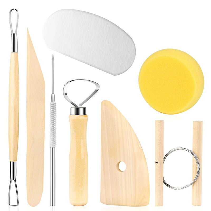 8 Pieces Wooden Pottery Sculpting Clay Cleaning Tool Set, Includes Cla