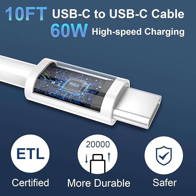 20W USB C Fast Charger with 10FT USB C Charging Cable for iPhone 17 16 15 iPad Android Phone