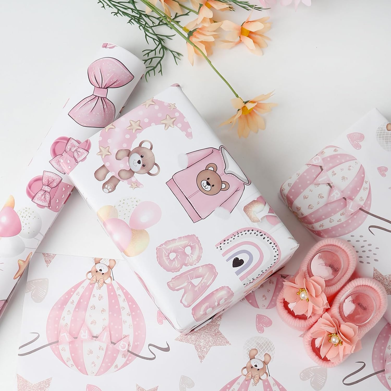 Reverible Baby Girl Wrapping Paper Roll Pink Gift Wrap Sheets With Baby Bear Unicorn Rainbow Princess Designs For Girls Wedding Neutral Baby Shower Birthday Party - Total 28.5Sq.Ft