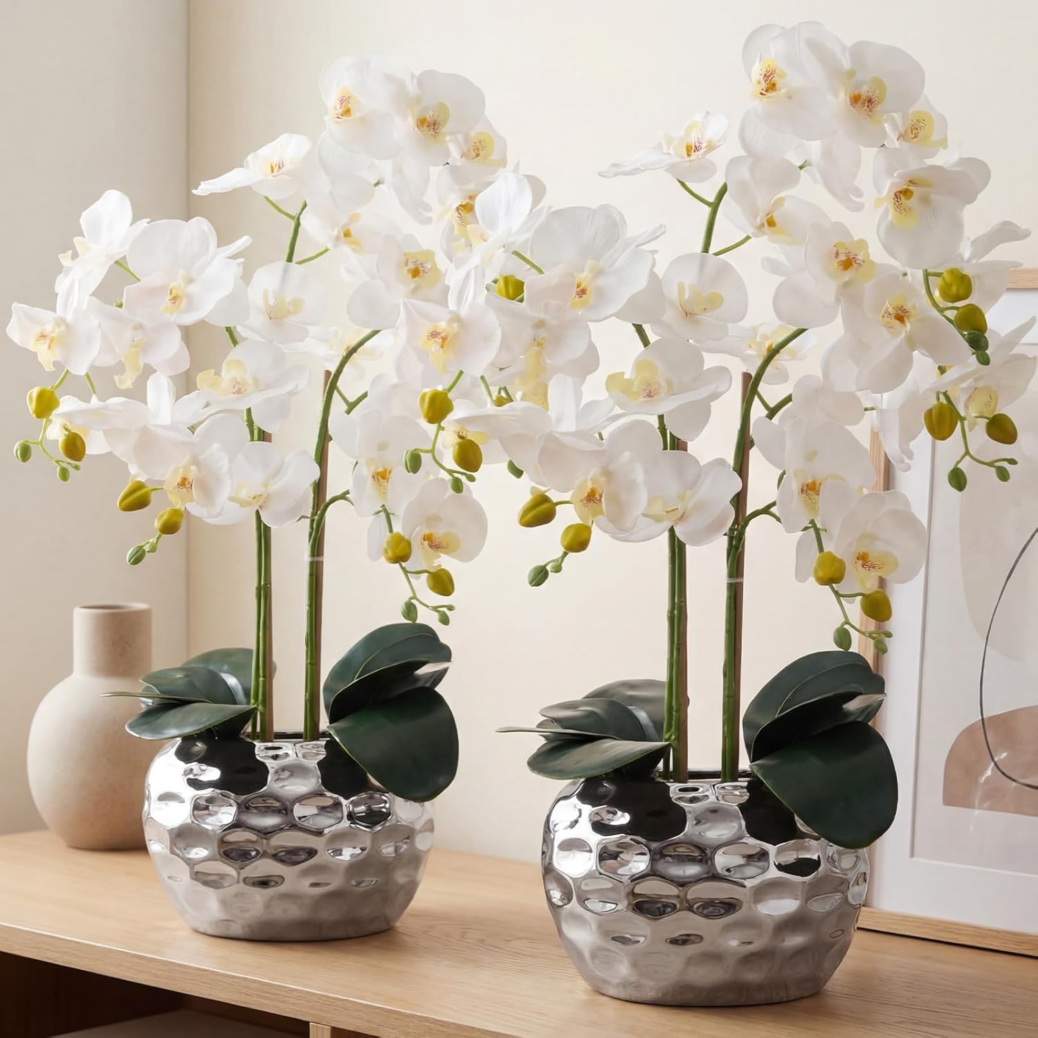 2 Pack Orchids Artificial Flowers 24" White Faux Phalaenopsis With Ceramic Pot, Real Touch Faux Silk Orchid Plant For Table Centerpieces Home Office Living Room Weeding Decoration