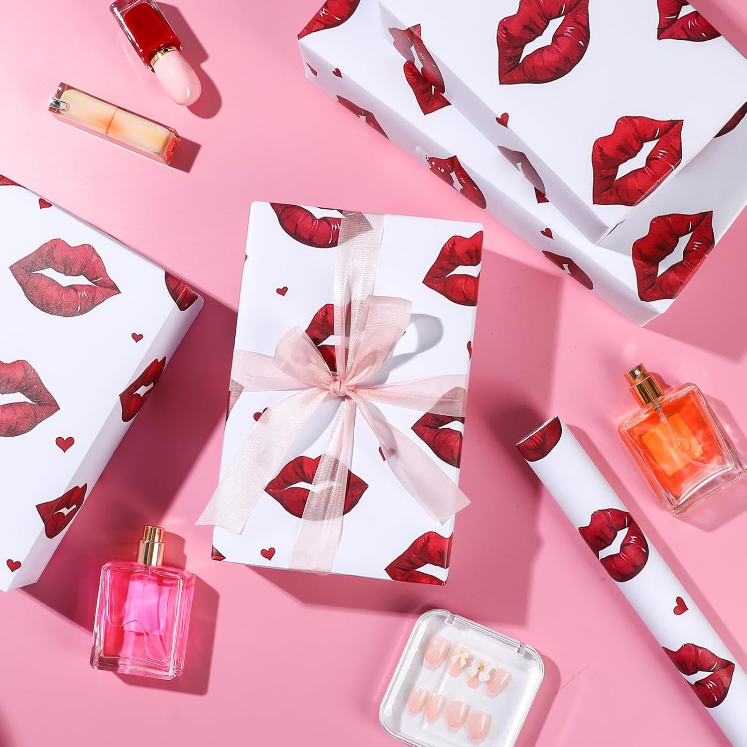 Valentine'S Day Red Lips Wrapping Paper Roll - 17In X 16.4Ft - Romantic Wrapping Paper With Red Lips & Red Hearts Design - Ideal For Bridal Shower, Wedding, Birthday, Valentine'S Day