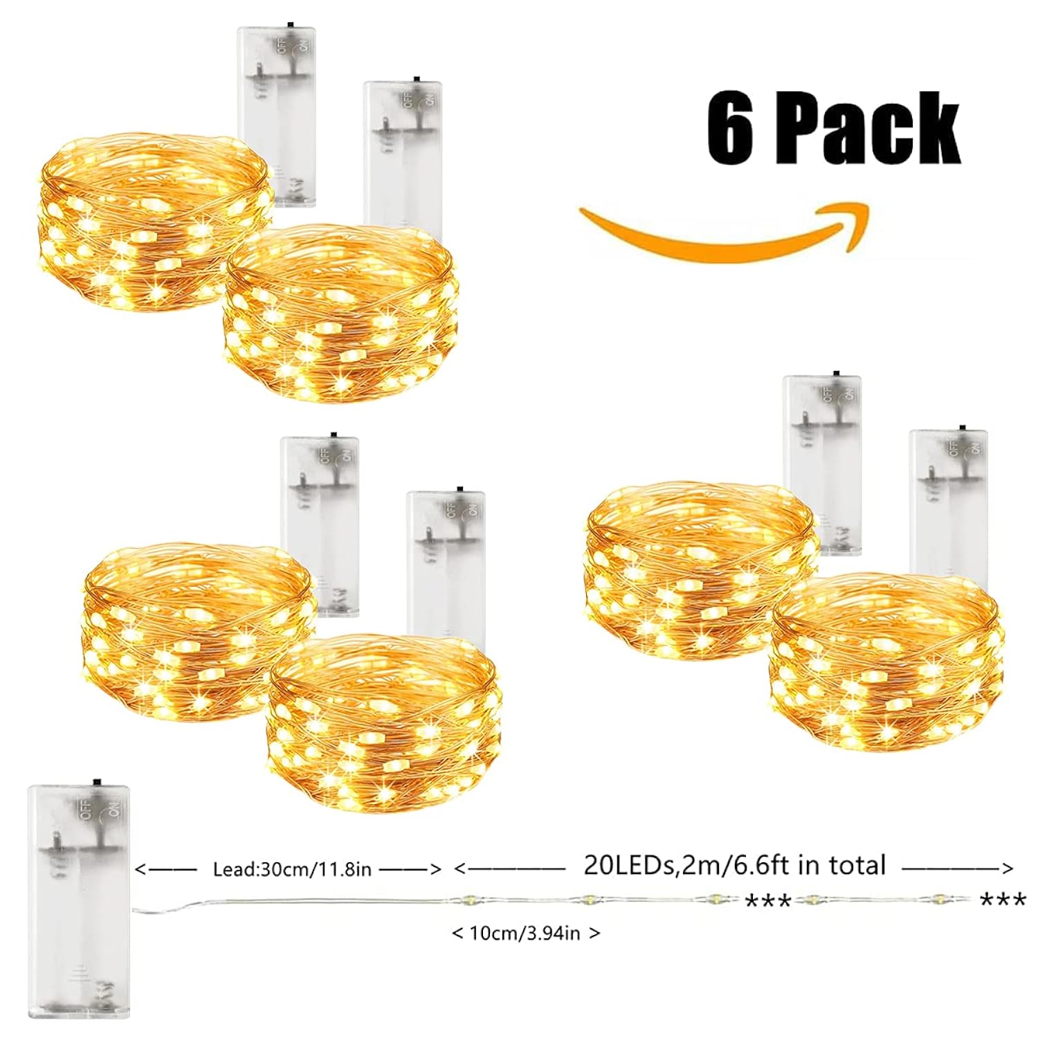 Fairy Lights Battery Operated Firefly Twinkle String Lights Mini 6Pack Cooper Wire 6.6Ft 20L Indoor Waterproof For Bedro