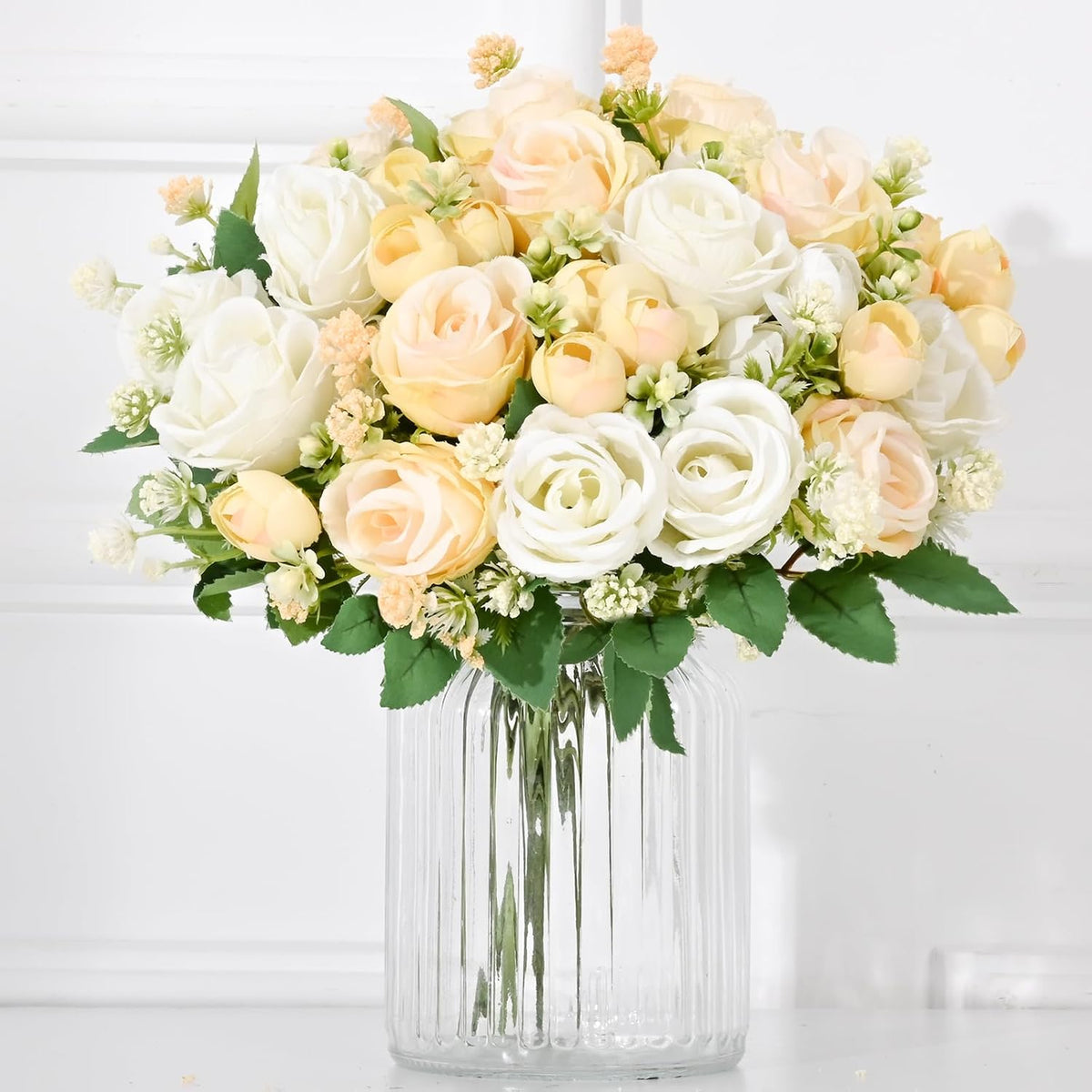 Fake Roses Artificial Flowers, 6 Pack Rose Fake Flowers For Decoration, Real Touch Yellow White Mixed Roses Bouquets Silk Flowers For Vase Centerpiece Table Wedding Party Bridal Diy Decor