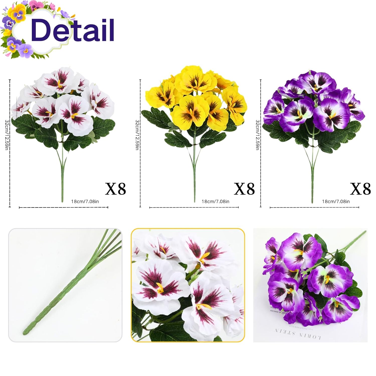 Artificial Fake Pansy Flowers For Outdoor, 24 Bundles Faux Silk Pansies Flowers Wildflowers For Spring Summer Planter Front Door Porch Yard Patio Window Box Home Decor (Purple, Yellow, White)