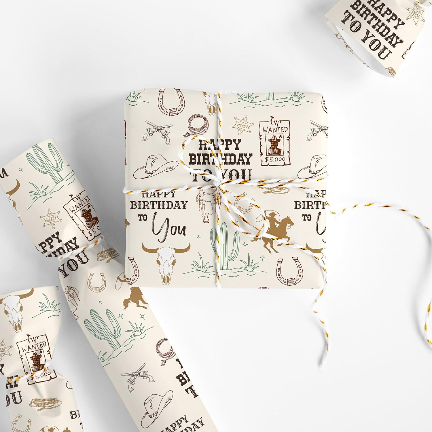 6 Sheets Happy Birthday Wrapping Paper - Not Roll - Western Cowboy Gift Wrap Paper Folded Flat For Wild West Rodeo Birthday Diy Crafts, 19.7 X 27.6 Inch