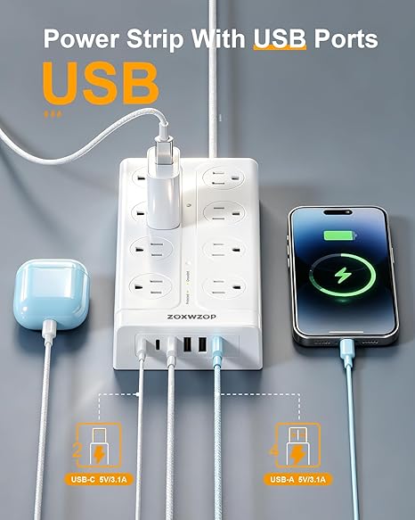 Surge Protector Power Strip with 16 Outlets 6 USB Ports 2 USB C 6FT Extension Cord