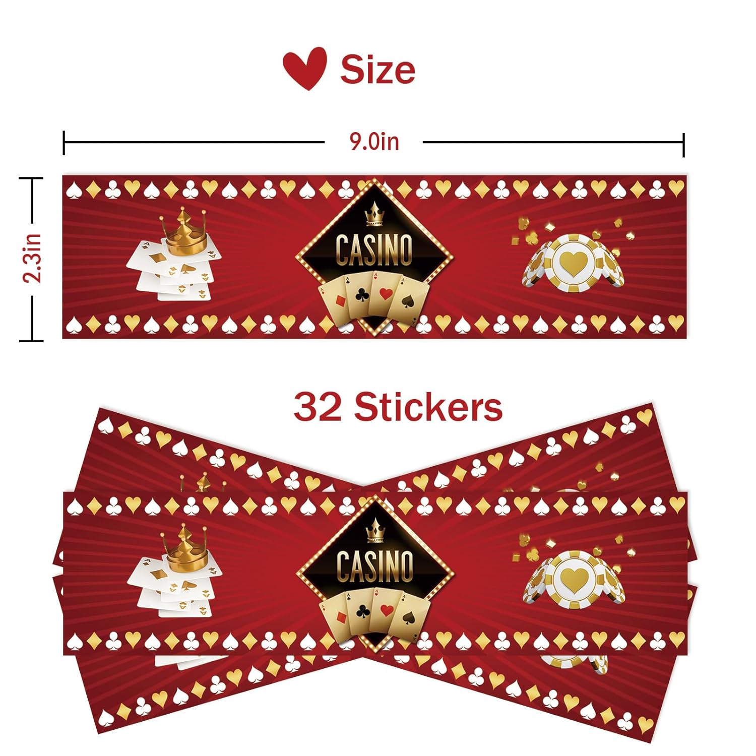 32 Pcs Casino Night Party Water Bottle Labels, Poker Card Birthday Water Bottle Labels, Las Vegas Party Bottle Wrappers, Casino Game Themed Birthday Party Decorations - Red Glitter