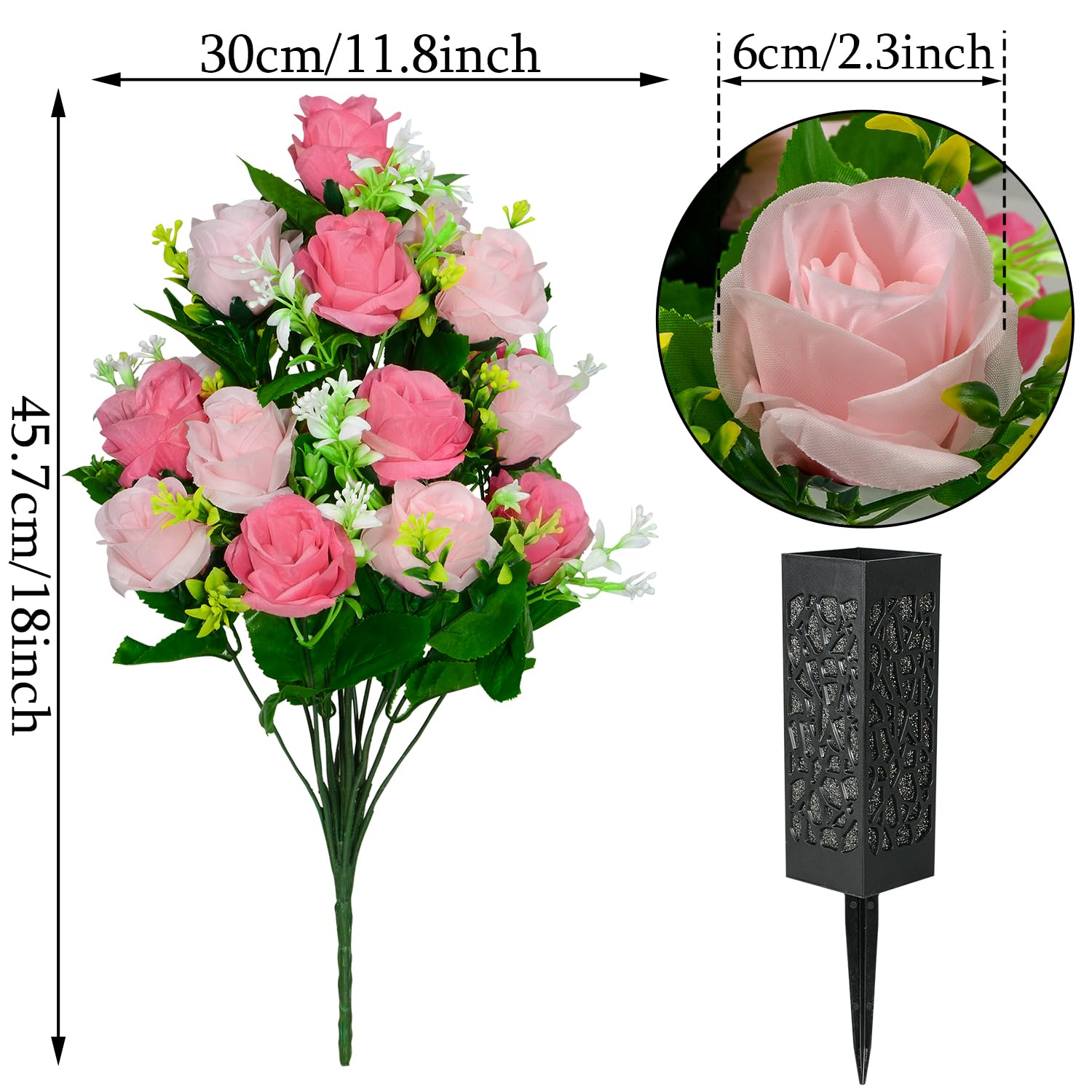 Artificial Cemetery Flowers, Set Of 2 Grave Memorial Flowers With Vase, Artificial Rose Bouquet For Cemetery Headstones Gravesites Decoration (Pink)