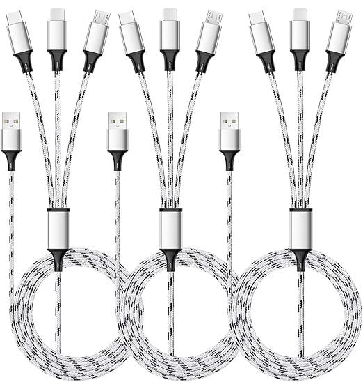 3 Pack 5FT 3 in 1 Multi Charging Cable Nylon Braided USB Charger Cord for USB C Micro USB Lightning