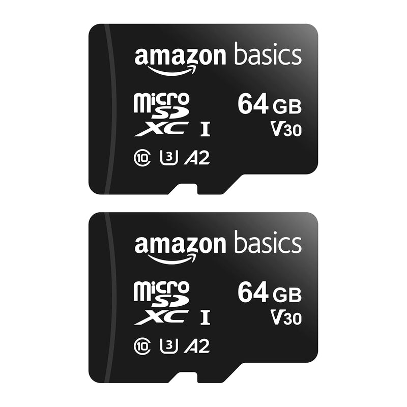 64GB Micro SDXC Memory Card 2-Pack, A2, U3, 100MB/s Read Speed, Adapter, Black