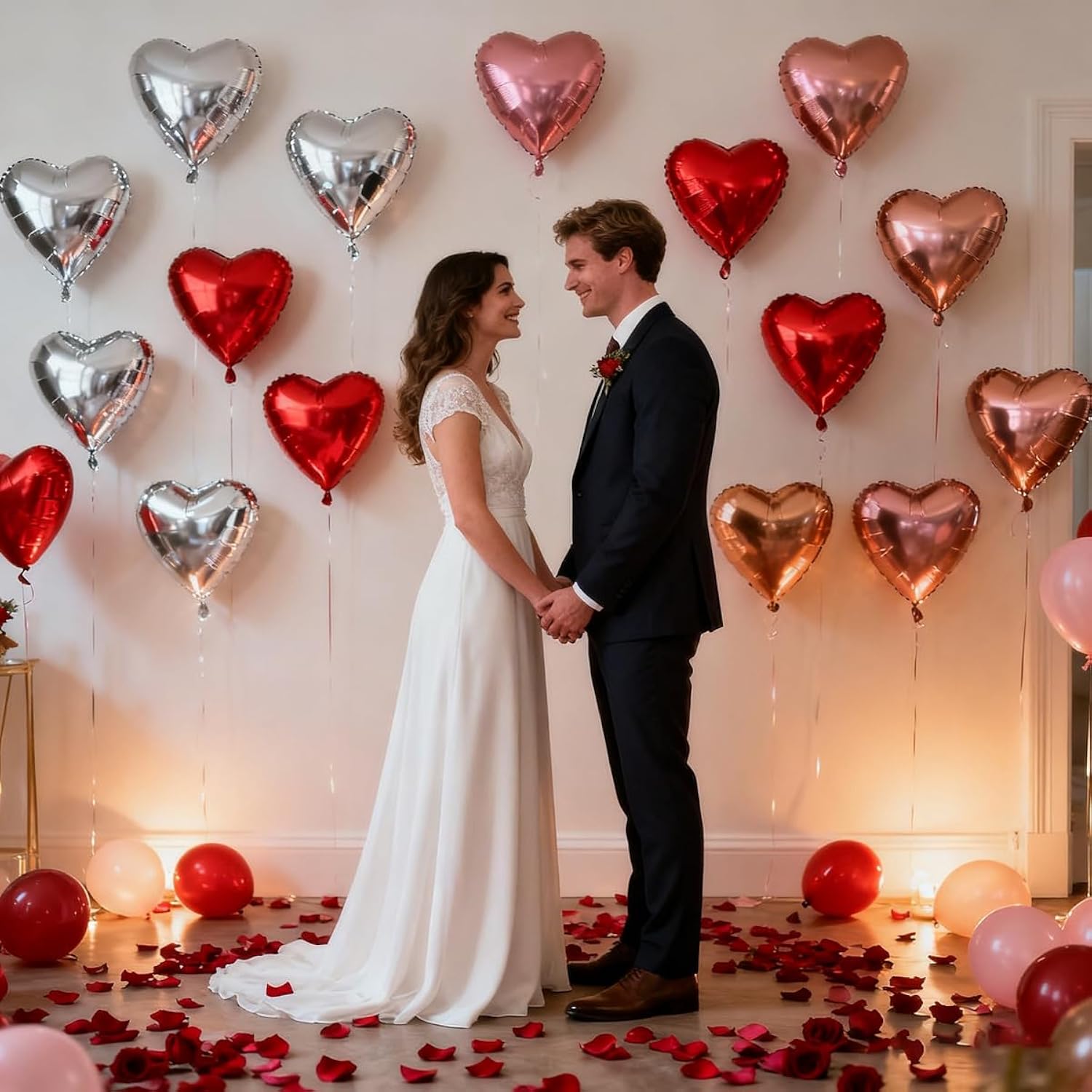 Heart Balloons Pack Of 12 - Red Heart Balloon Rose Gold Balloon Silver Ballons Heart Shaped Balloons For Valentines Day Wedding Engagement Anniversary Party Decorations