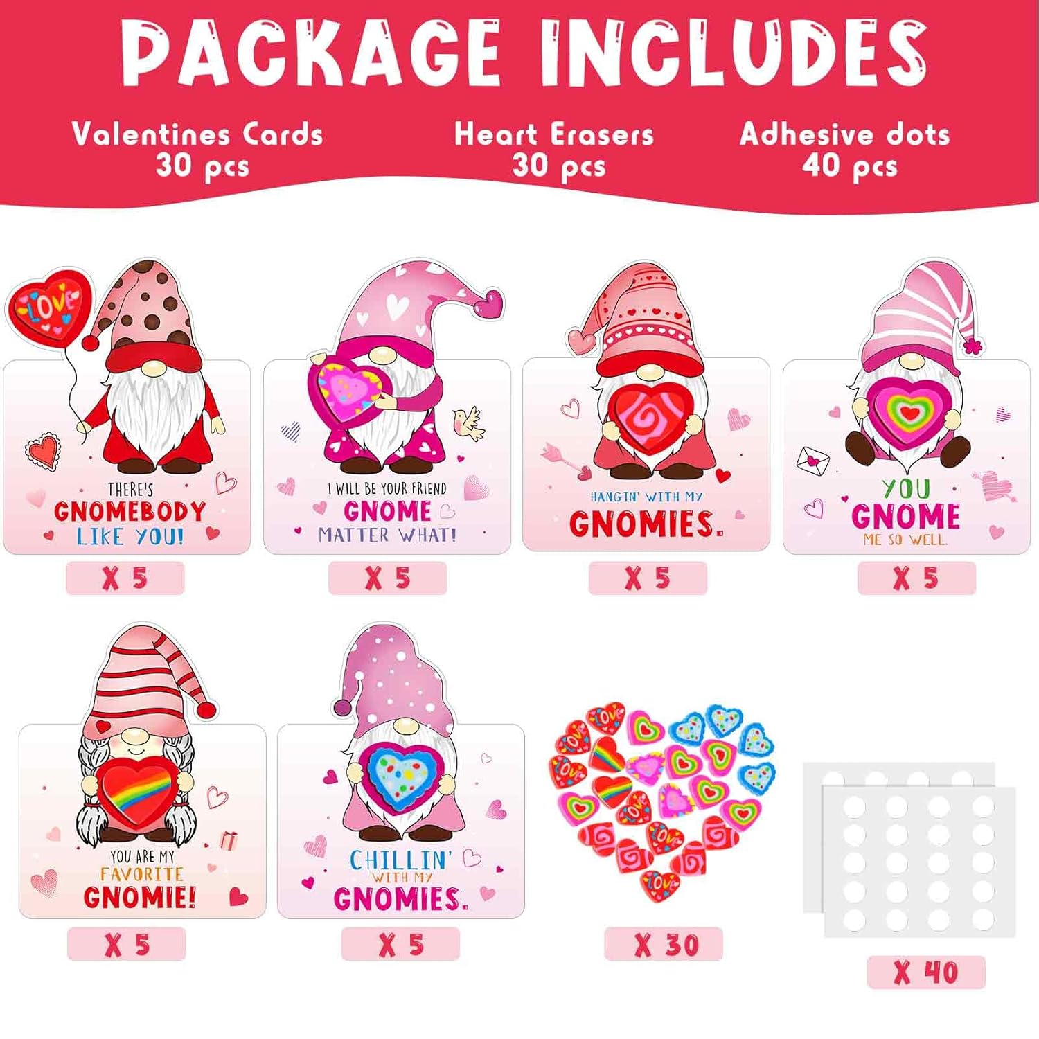 30 Sets Valentine Cards With Erasers For Classroom Gnome Pink Red To From Greeting Cards Bulk With Heart Erasers For Valentines School Love Gifts Exchange Party Favors Students Prizes