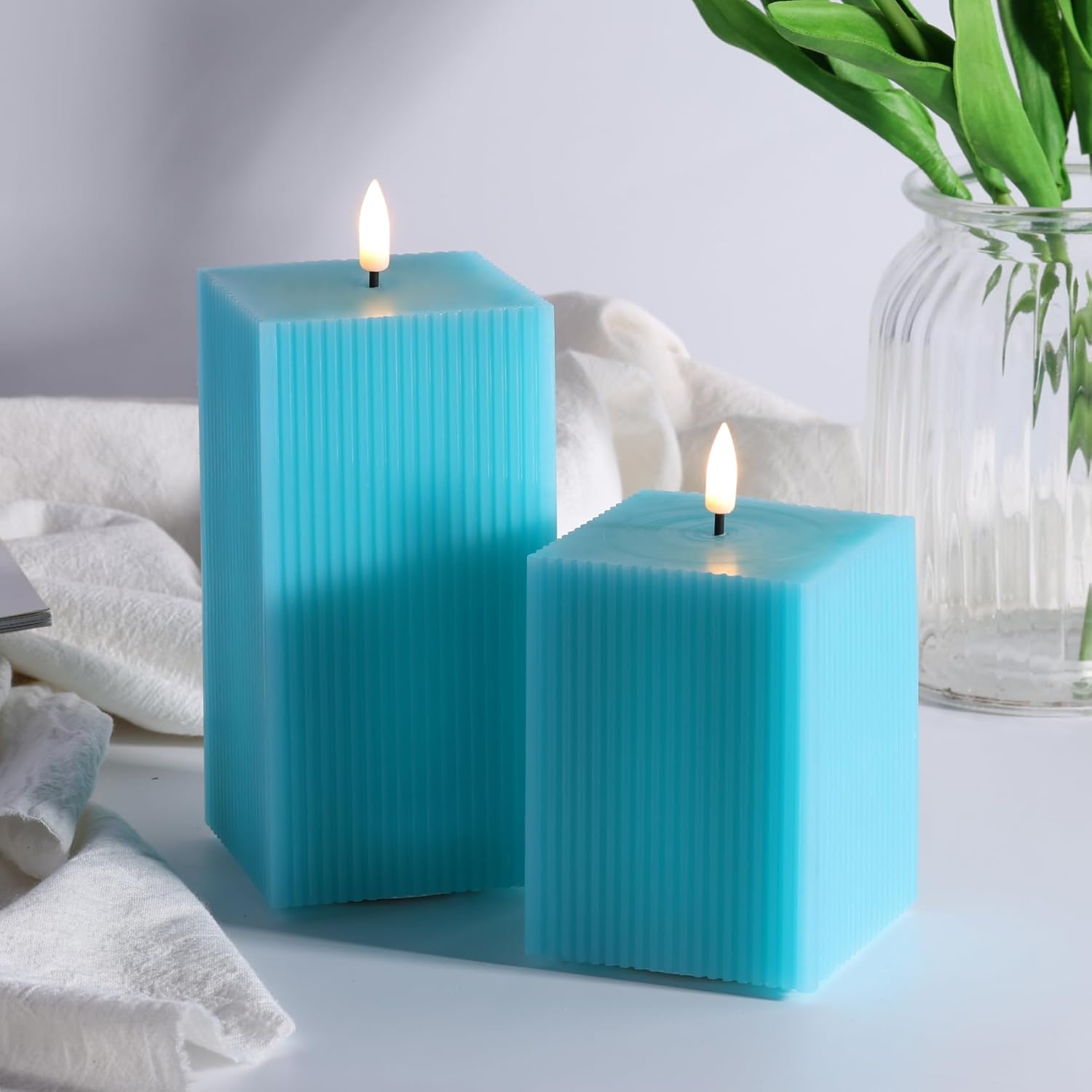 Turquoise Blue Flameless Candles With Remote, Square Ribbed Led Candles Battery Powered, Flickering Real Wax Set Of 2