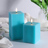 Turquoise Blue Flameless Candles With Remote, Square Ribbed Led Candles Battery Powered, Flickering Real Wax Set Of 2