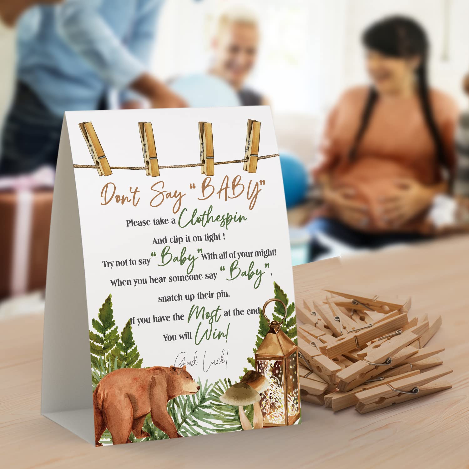 Don'T Say Baby Sign, Baby Shower Clothespin Game, Includes A 5X7 Standing Sign And 50 Mini Natural Clothespins - 040