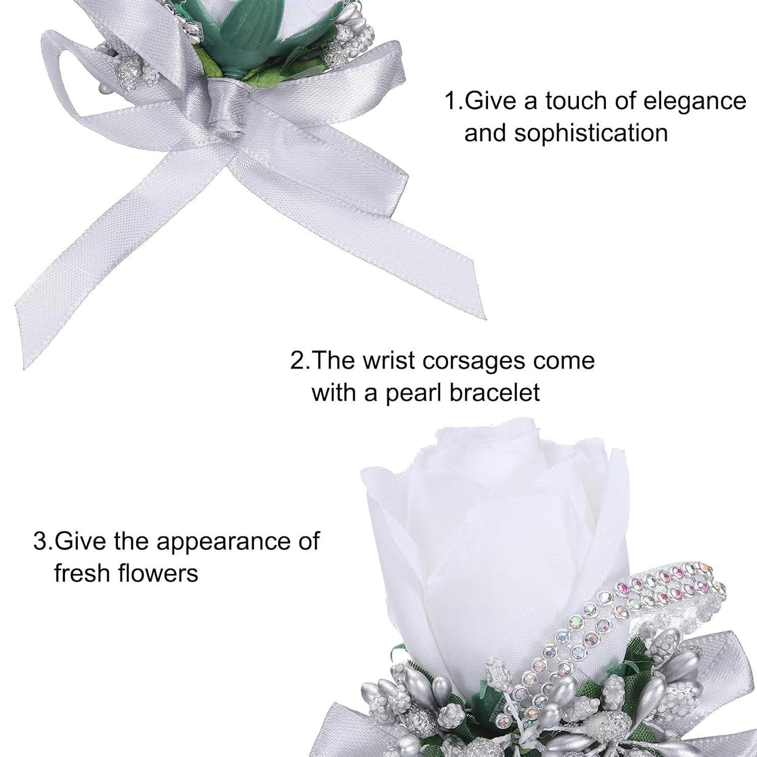 uxcell 3 Wrist Corsage and Boutonnieres Set Handmade Corsages for Wedding, White/Silver