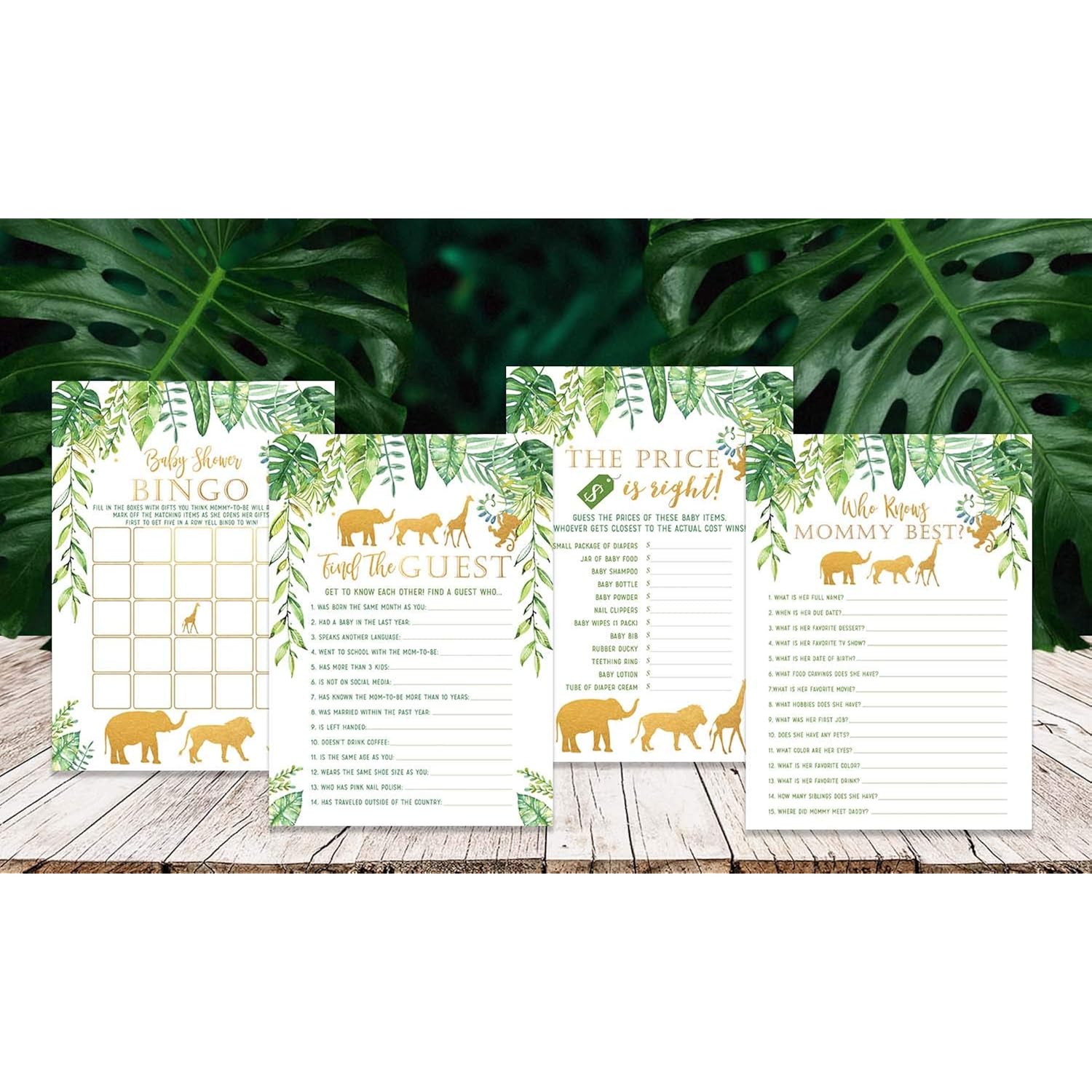 Jungle Baby Shower Games - 25 Each - Bingo, Find The Guest, The Price Is Right, Who Knows Mommy Best - Jungle Animals Theme - Printed Front And Back, 1 Game Per Side