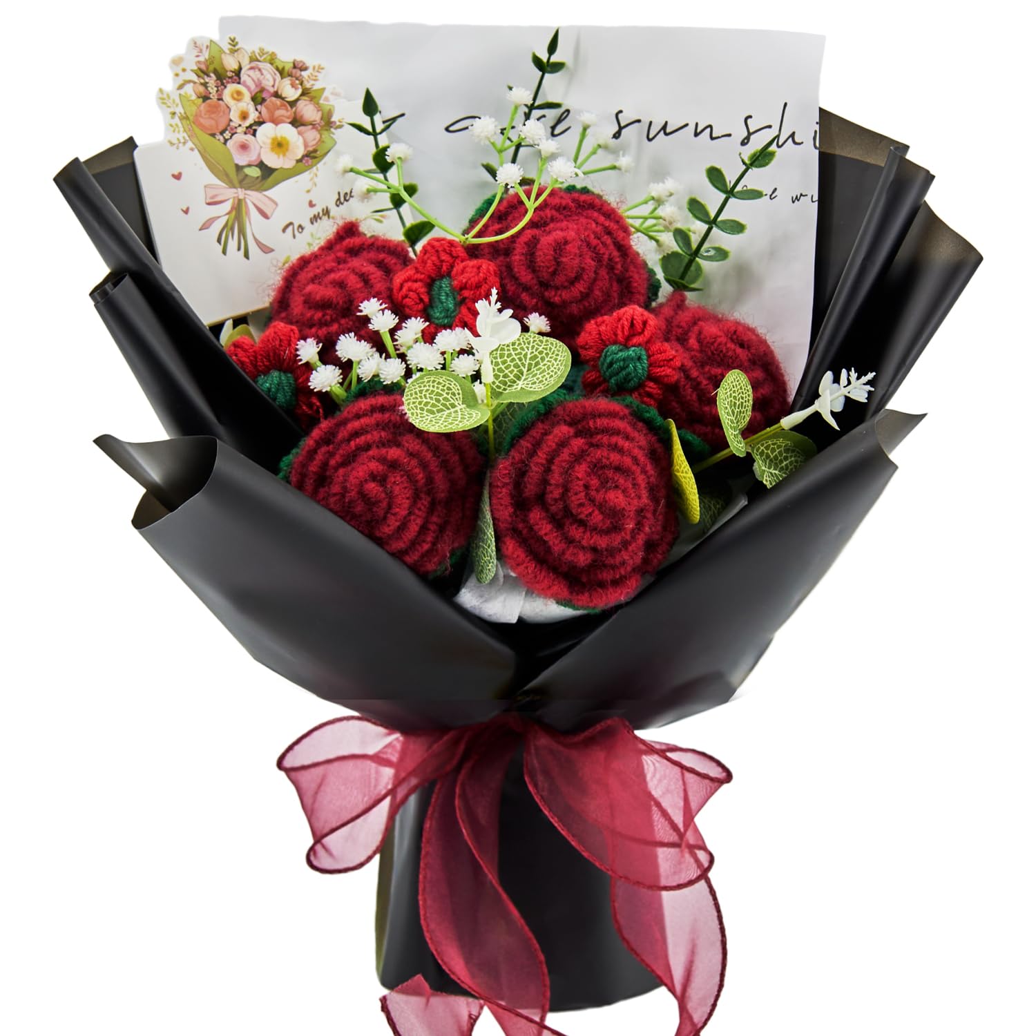 Crochet Flowers, Crochet Flower Bouquet Of Crochet Roses, Handmade Red Roses Artificial Flowers For Home Decor, Wedding, Birthday Gifts For Women, Girlfriend'S Day (Include Card, Gift Bag, Black)