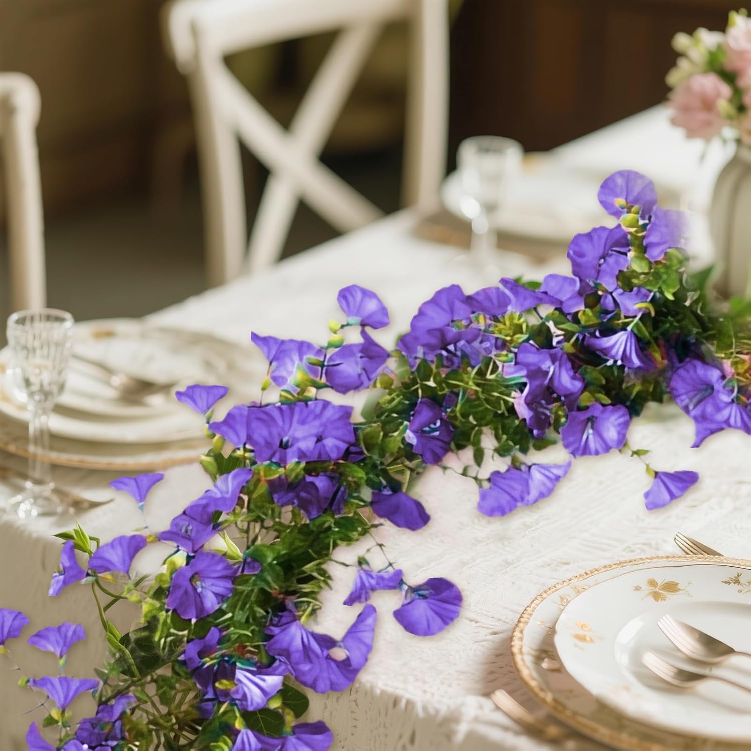 Hanging Faux Flowers Outdoor 2 Pcs 5.9 Ft/Piece Purple Morning Glory Fake Vines, Wedding Arch Decor, Uv Resistant Artificial Plastic Flowers Used For Ceremonial Decoration