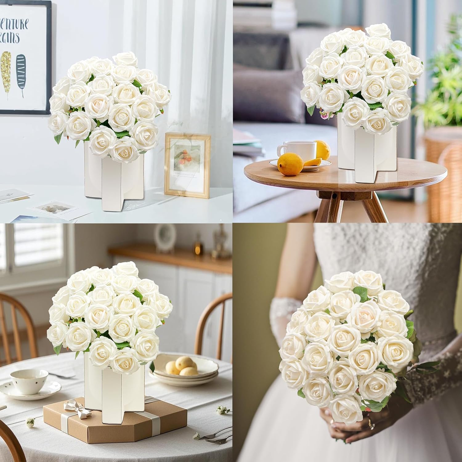 20 Pcs Artificial White Roses, Real Touch Silk Flowers For Home Décor, Wedding Centerpieces, Bouquets, Crafts & Diy Floral Arrangements (White)