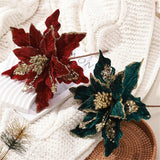 Pack Of 6 Glitter Poinsettia Flower 11 Inches Large Artificial Christmas Flower Decoration Christmas Tree Ornaments Wreath Garland Decoration (Green)