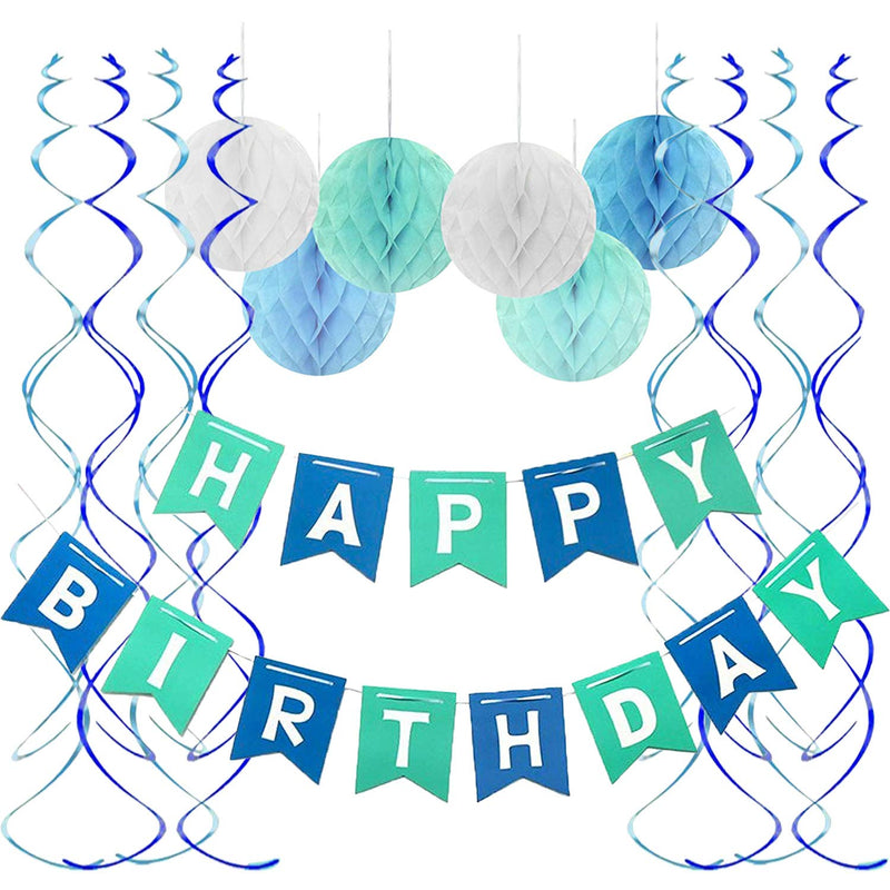 Blue Happy Birthday Banner Honeycomb Balls Swirls Streamers For Birthd