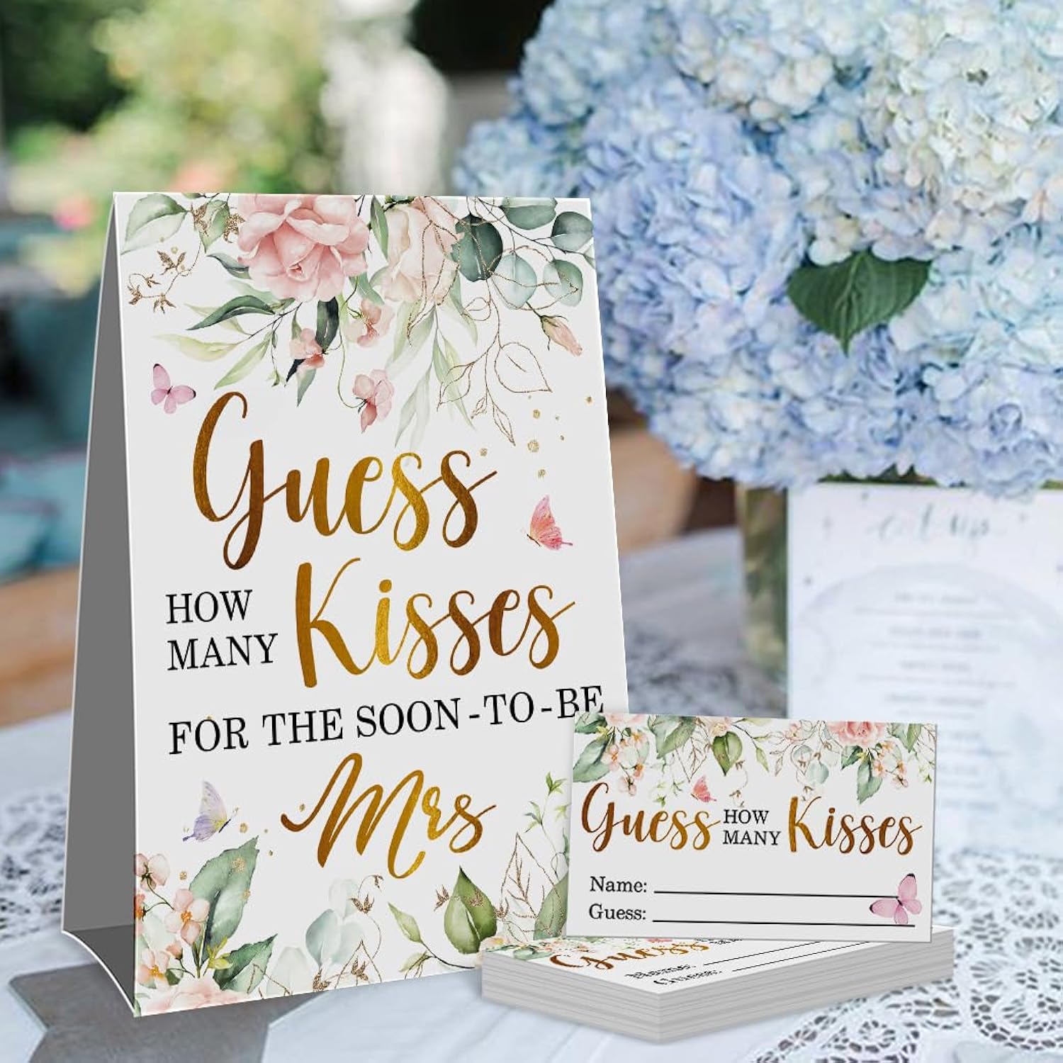 How Many Kisses Bridal Shower Party Game Kit(1 Standing Sign-50 Guessing Cards) Pink Floral Games And Favors For Guests, Bridal Shower Wedding Games Cards For Bride Groom Bachelorette Party Wedding Party Favor