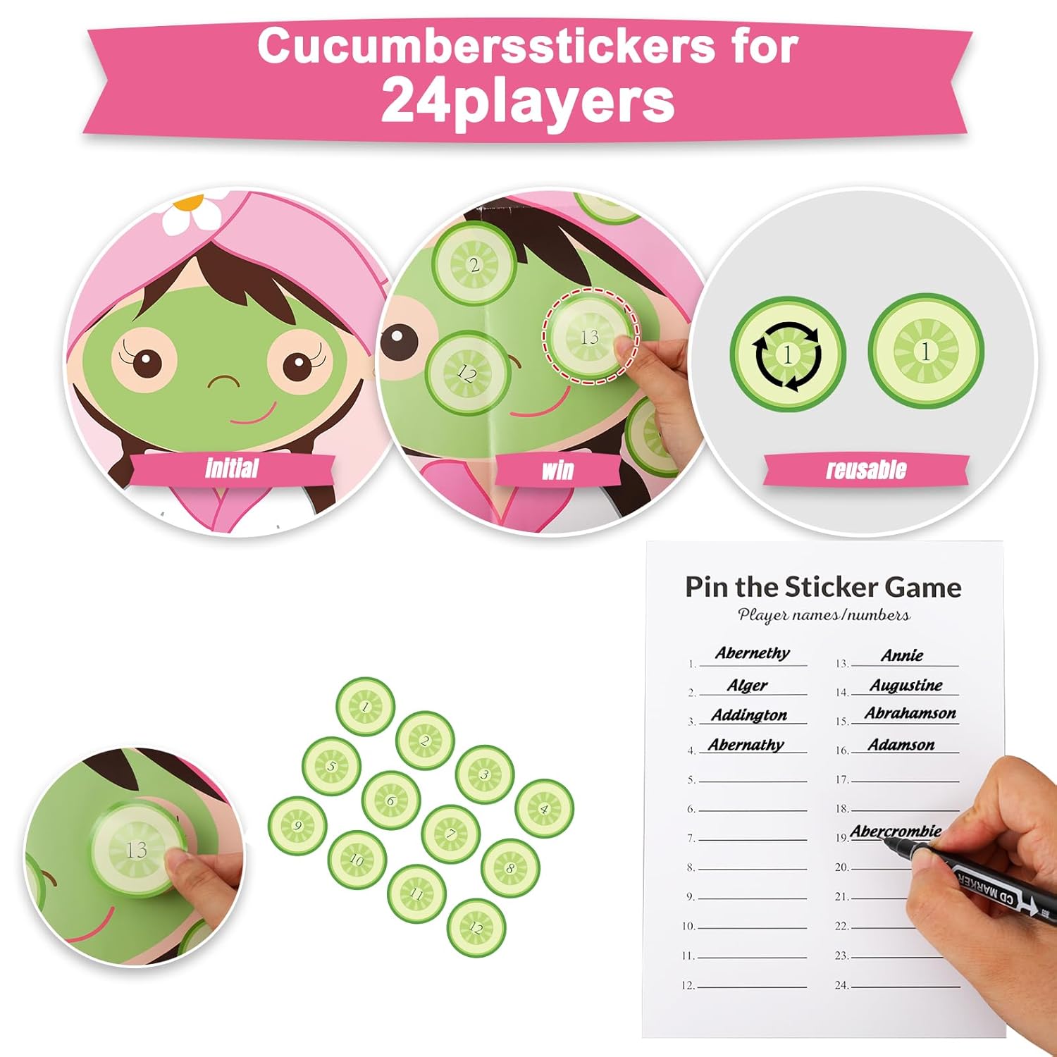 Spa Party Games Pin The Cucumbers On The Girl With Cucumber Stickers, Large Games Poster For Kids Girls Women Birthday Carnival Party Supplies